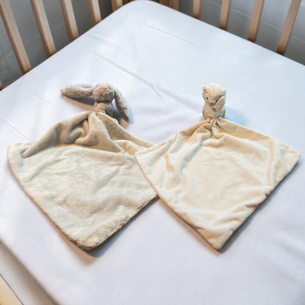 Jellycat Set 2 Animal Lovey Blankets White Owl Gray Rabbit Bunny Comfort Baby
